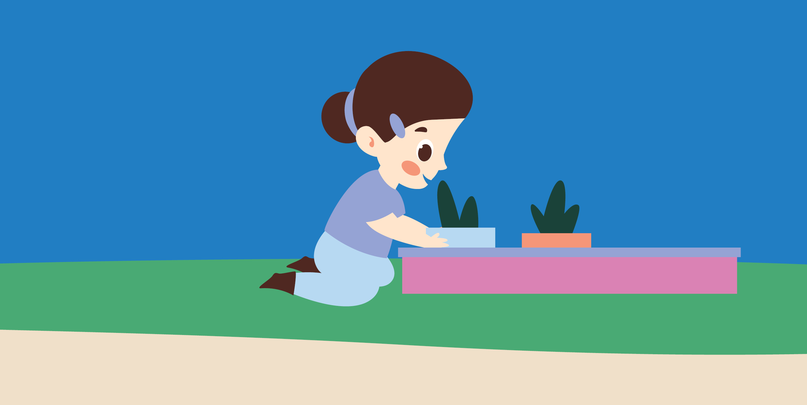 Iconography of a small child kneeling in front of a raised garden.